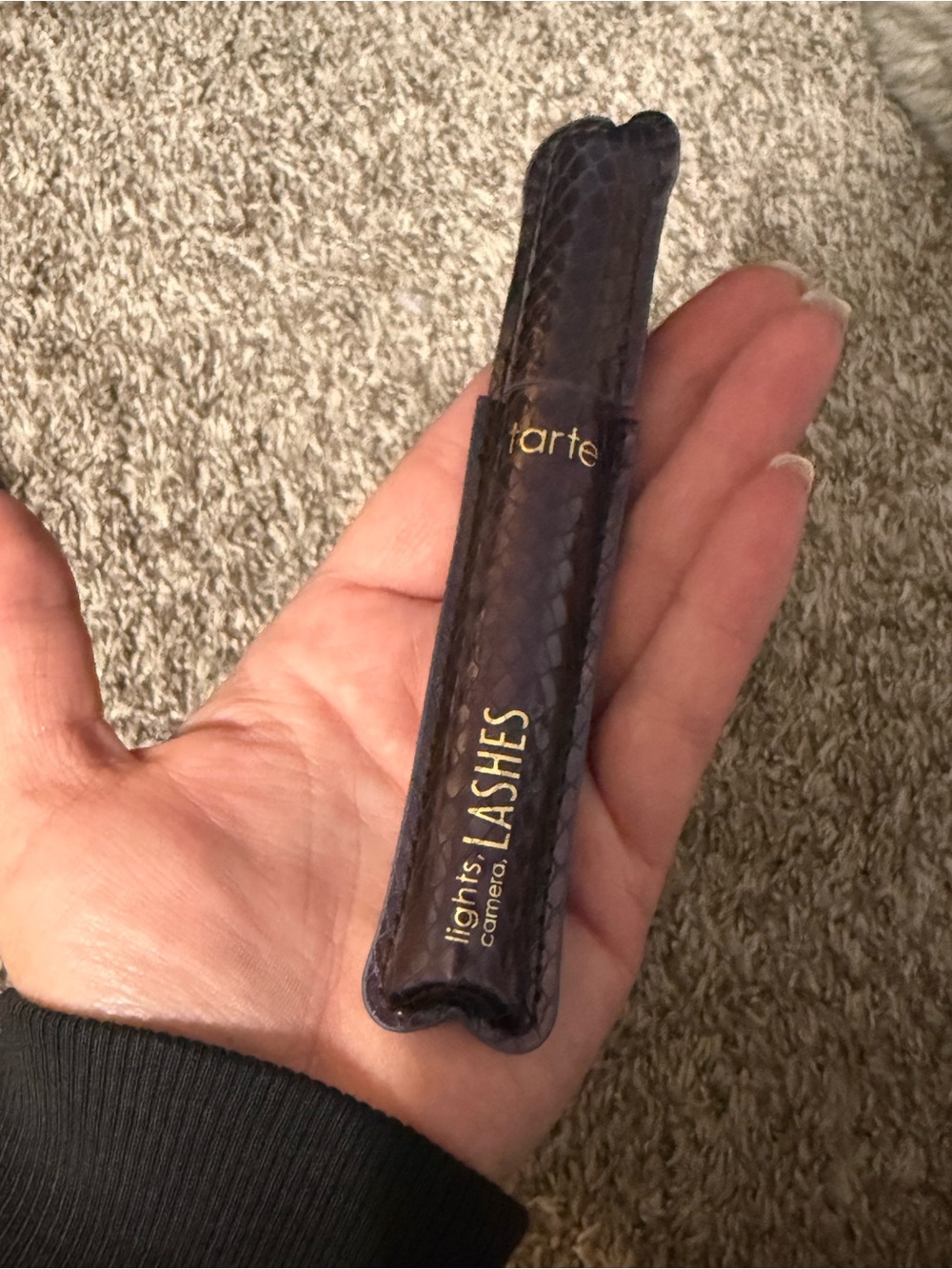 tarte like camera lashes in a  Deep Purple Mascara Sleeve with Gold Lettering